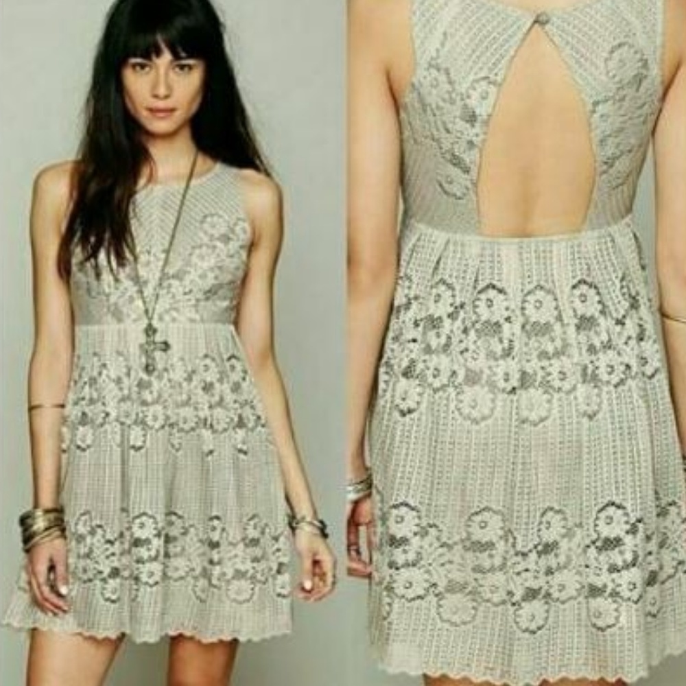 FREE PEOPLE “Rocco” Lace overlay Dress Taupe sleeveless Keyhole back/backless - Picture 7 of 9